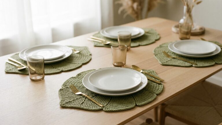 Mesa posta elegante com sousplats de croche em formato de folha verde oliva sob pratos brancos e talheres dourados