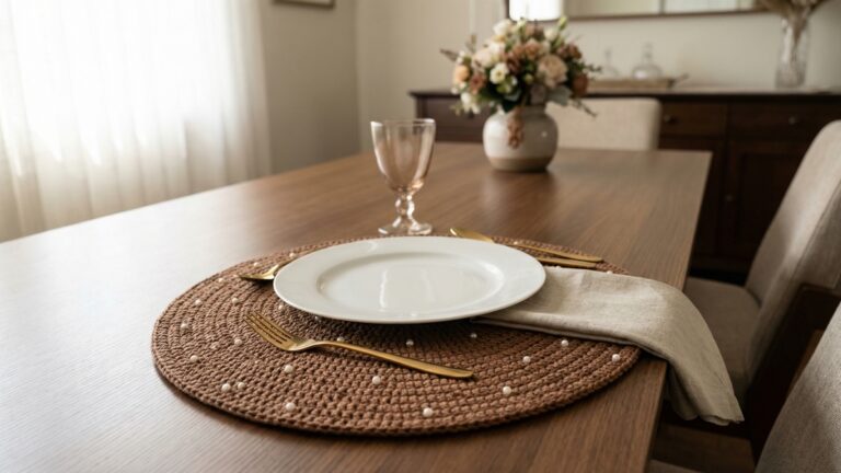 Mesa posta elegante com sousplats de croche marrom com detalhes de perolas sob pratos brancos e talheres dourados