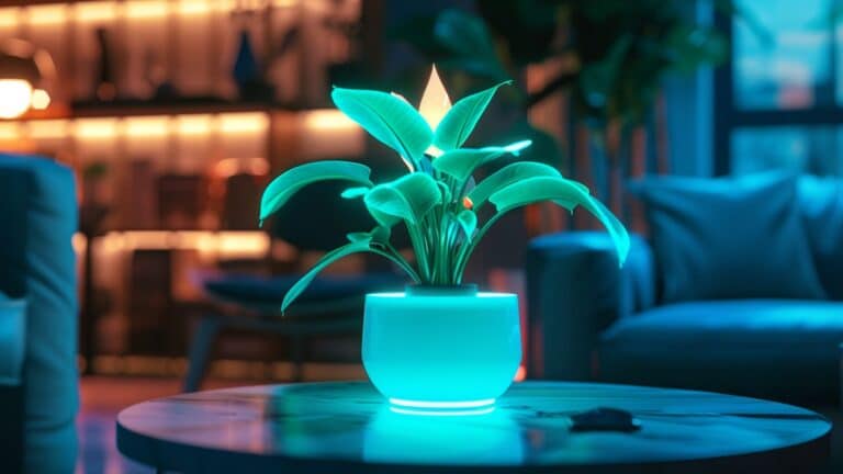 Imagem de uma planta com bioluminescência brilhando no escuro
