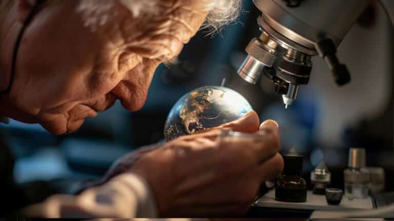 Cientista observando o planeta terra em miniatura