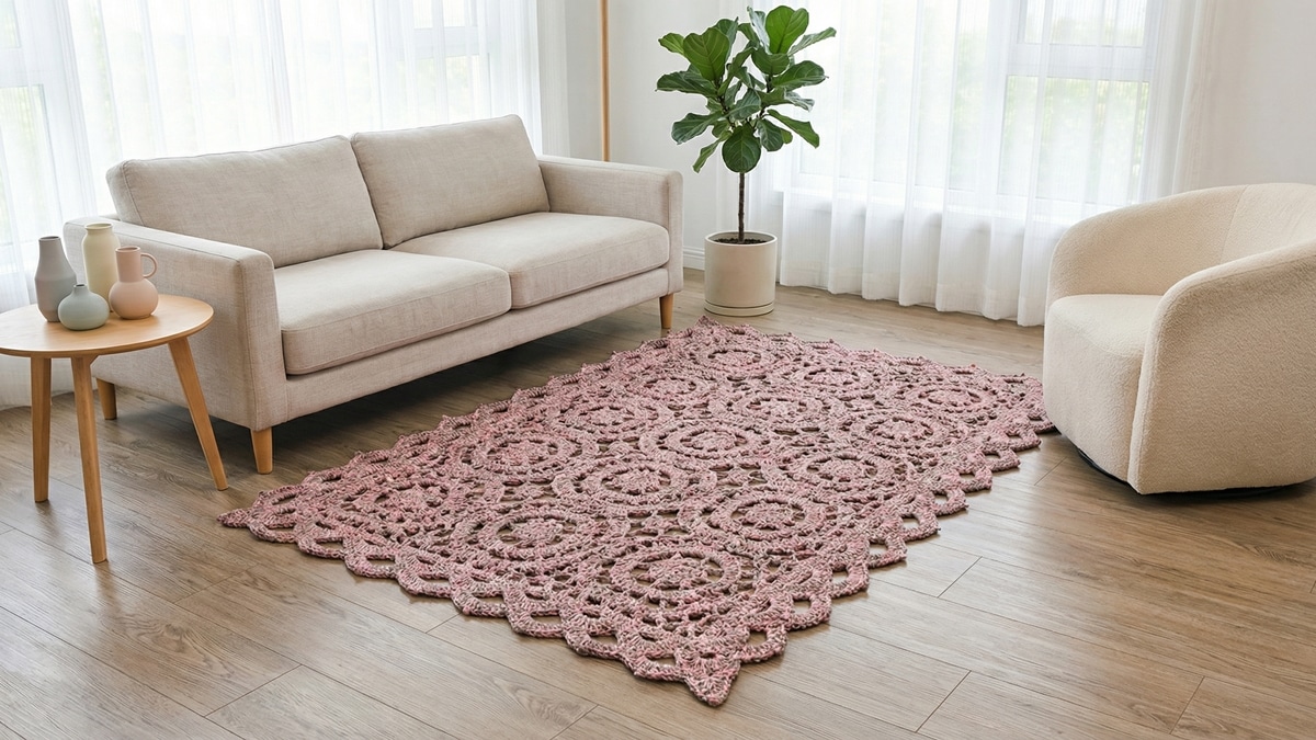 Tapete de crochê cinza e rosa perfeito para dar cor a sua decoração