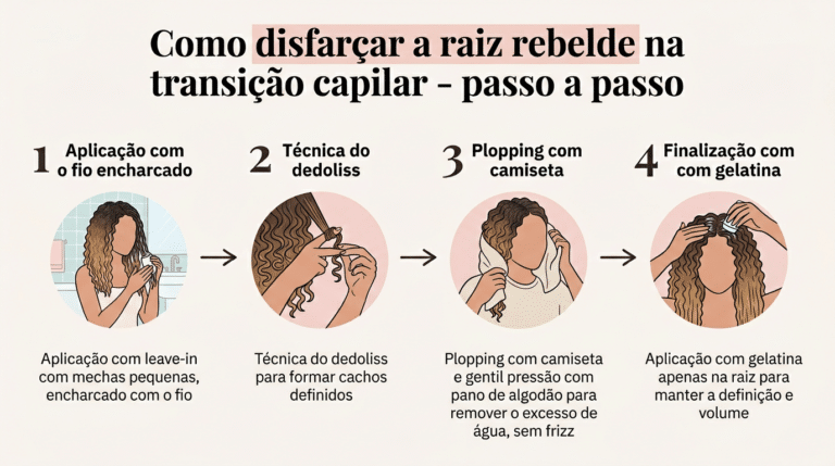 Infográfico ilustrativo do passo a passo de cuidados ocm o cabelo em transição