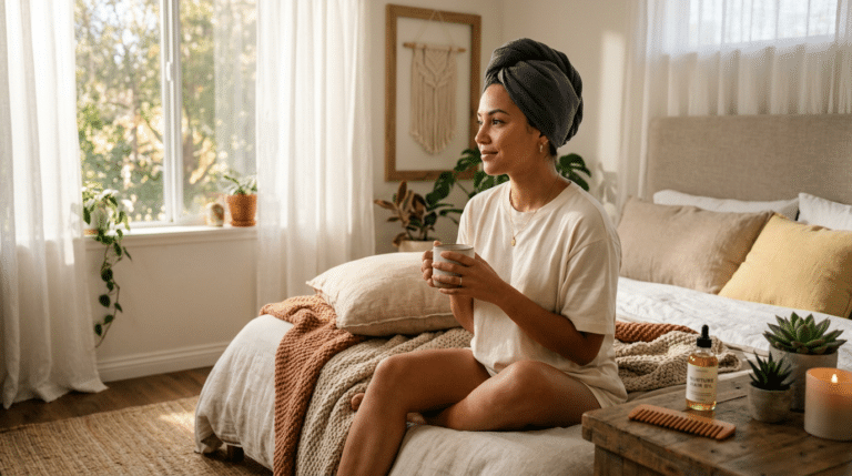 Mulher com cabelo enrolado em turbante usando camiseta de algodão.