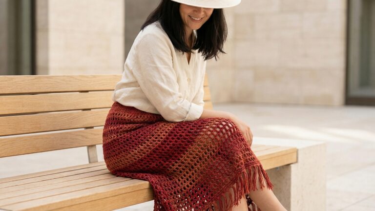 Mulher sorrindo usando saia midi de croche vermelha com tramas vazadas em ambiente urbano sofisticado