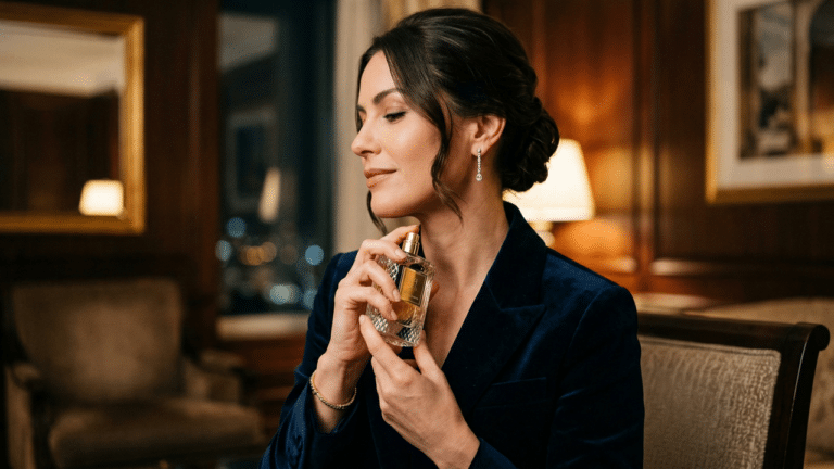 Mulher aplicando perfume no pescoço.