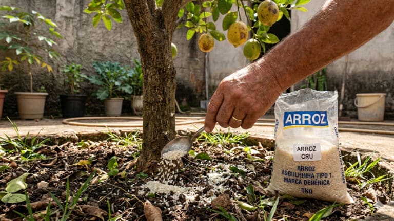 Arroz cru sendo despejado sob solo de pé de limão