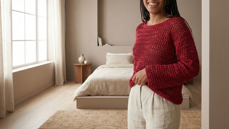 Mulher sorrindo usando blusa artesanal de croche em vermelho charmoso com trama delicada em ponto aberto, quarto minimalista contemporaneo com luz natural difusa