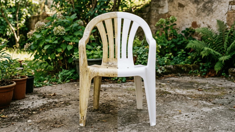 Csdeira branca de plástico antes e depois da limpeza. 