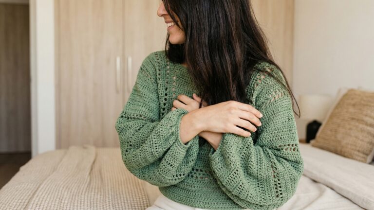 Mulher usando blusa de croche verde moderna em closet com luz natural difusa e decoracao elegante