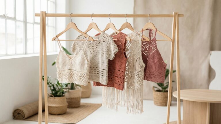 Estudio de moda com colecao elegante de croppeds de croche artesanal em cabideiro minimalista com cores suaves e modelagens variadas