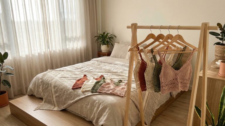 Croppeds artesanais de croche em diferentes cores e estilos com trama delicada em ponto vazado exibidos dobrados sobre cama e em cabides em quarto contemporaneo com luz natural