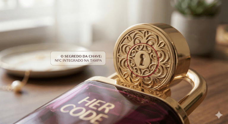 Frasco de perfume HER CODE com tampa dourada decorada e mensagem sobre NFC integrado.
