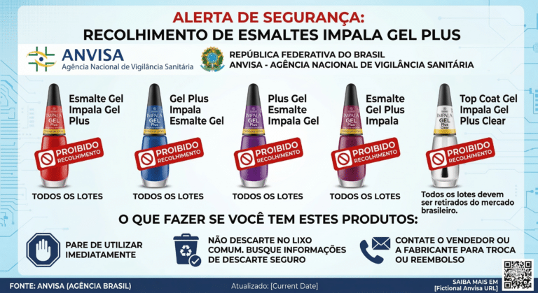 Infográfico de alerta de segurança da Anvisa comunicando o recolhimento de todos os lotes de esmaltes da linha Impala Gel Plus. A imagem ilustra cinco frascos de esmalte com uma tarja vermelha de "Proibido - Recolhimento". Na parte inferior, há orientações claras sobre o que fazer caso possua os produtos: pare de utilizar imediatamente, não descarte no lixo comum e contate o vendedor ou fabricante para troca ou reembolso.
