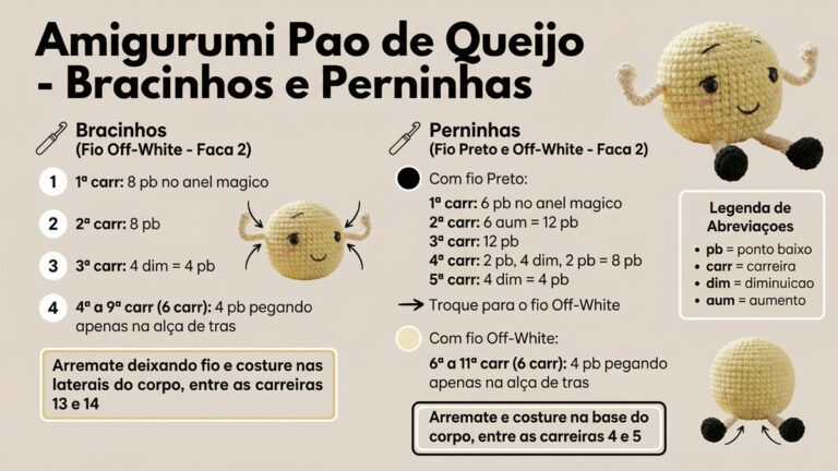 Infografico educativo com instrucoes de croche para fazer bracinhos e perninhas do amigurumi de pao de queijo