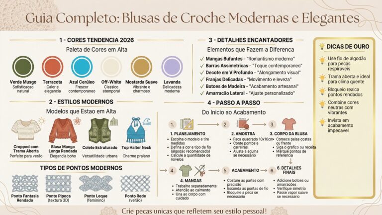 Infografico completo sobre como criar blusas de croche modernas com cores tendencia, estilos, detalhes e passo a passo