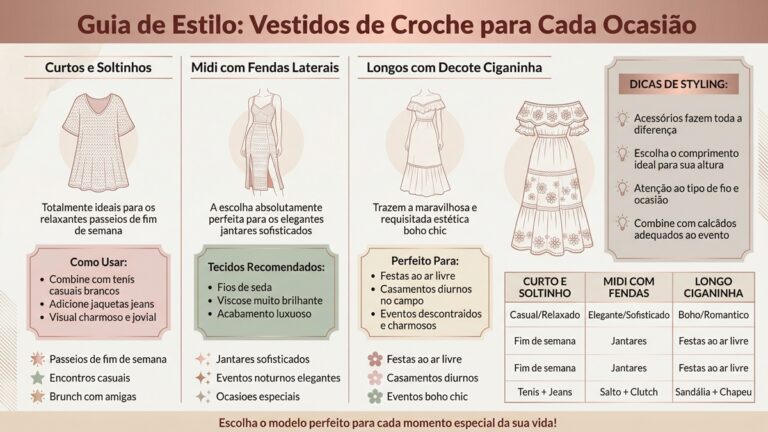 Infografico de moda sobre modelos de vestidos de croche para diferentes ocasioes com dicas de styling