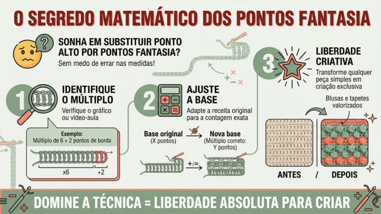 Infografico educativo em portugues sobre segredo matematico para adaptar pontos fantasia em croche com 3 passos detalhados