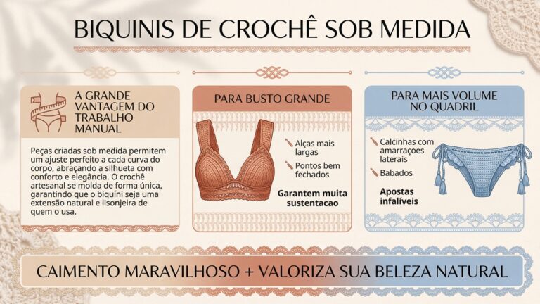 Infografico criativo e detalhado sobre biquinis de croche sob medida com dicas para busto grande e volume no quadril em design editorial moderno