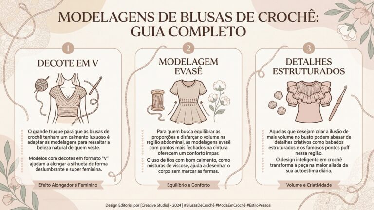 Infografico sobre modelagens de blusas de croche com tres secoes explicando decote em V, modelagem evase e detalhes estruturados