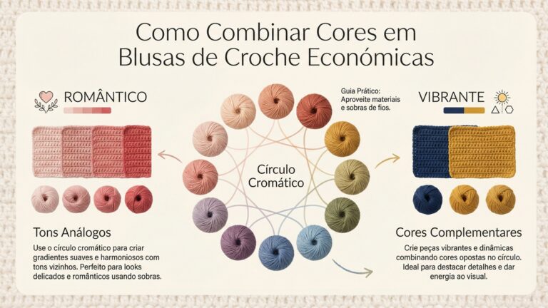 Infografico educativo em portugues sobre como combinar cores em blusas de croche economicas usando circulo cromatico com exemplos de tons analogos e cores complementares