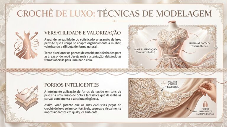 nfografico detalhado sobre tecnicas de modelagem e forros para croche de luxo com valorizacao da silhueta