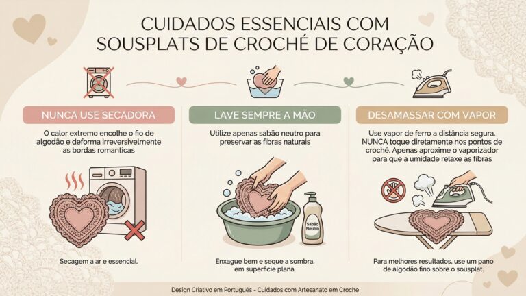 Infografico educativo sobre cuidados essenciais com sousplats de croche de coracao incluindo lavagem e uso de vapor com design elegante