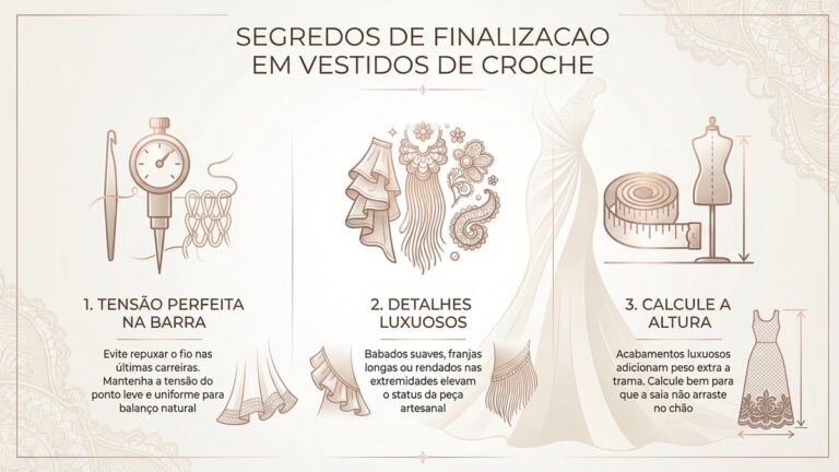 Infografico educativo sobre segredos de finalizacao em vestidos de croche com tecnicas de alta costura manual e design sofisticado