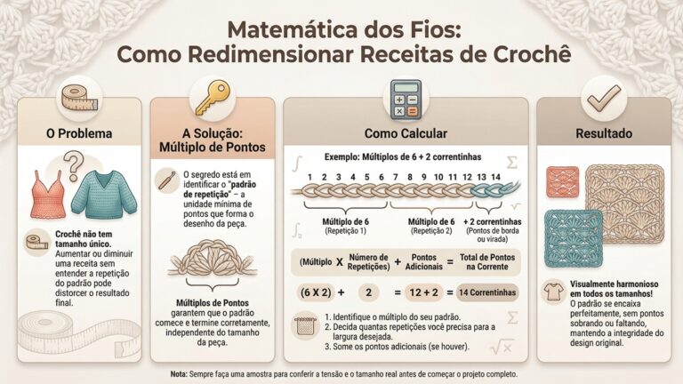 Infografico educativo em portugues sobre matematica dos fios e multiplos de pontos para redimensionar receitas de croche mostrando calculo e exemplos visuais