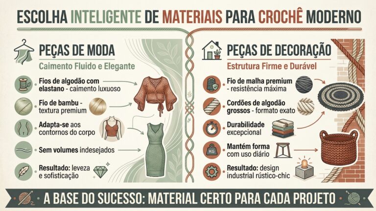 Infografico detalhado em portugues sobre escolha de materiais para croche moderno dividido entre pecas de moda e decoracao