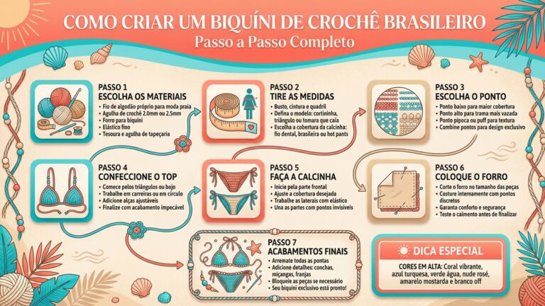 Infografico completo com passo a passo para criar biquini de croche estilo brasileiro com cores modernas e charmosas