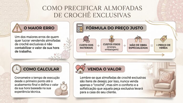 Infografico sobre precificacao de almofadas de croche com formula de calculo e dicas para valorizar o trabalho artesanal