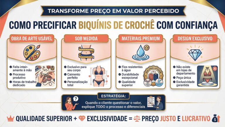 Infografico profissional em portugues sobre precificacao justa de biquinis de croche com 4 pilares de valor