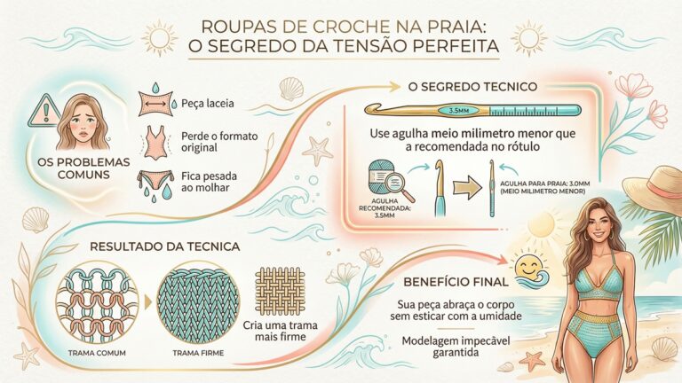 Infografico educativo sobre tecnica de tensao para roupas de croche de praia, mostrando problemas comuns, segredo tecnico da agulha menor e resultado final