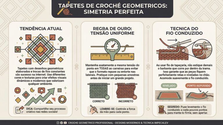 Infografico educativo sobre tecnicas para criar tapetes de croche com desenhos geometricos e simetria perfeita com design moderno