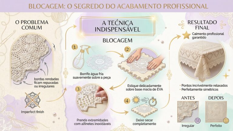 Infografico educativo sobre tecnica de blocagem para toalhas e centros de mesa de croche, mostrando passo a passo e resultado profissional