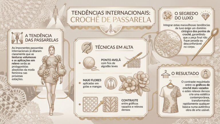 Infografico completo sobre tendencias internacionais de croche com texturas volumosas e aplicacoes em relevo das passarelas de moda
