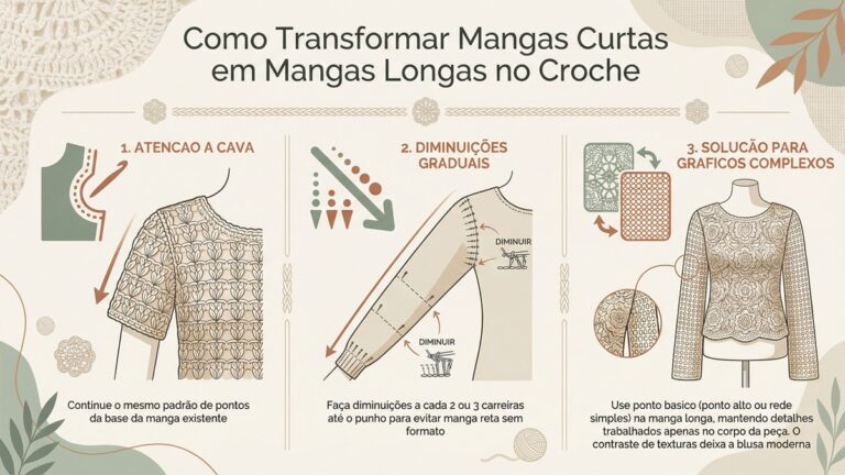 Infografico educativo sobre como transformar blusas de croche de manga curta em manga longa com tres secoes explicativas e design moderno