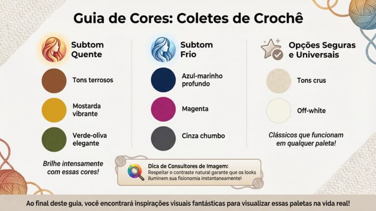 Infografico educativo sobre escolha de cores para coletes de croche dividido em subtons quentes, frios e cores universais