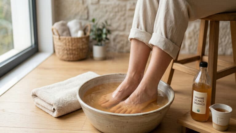 Lavando os pés em casa com água morna e vinagre de maça