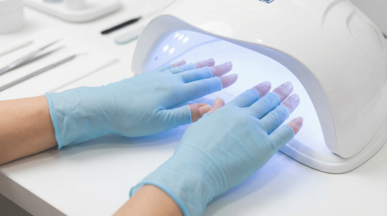 Pessoa com as mãos em luvas de proteção contra raios UV em máquina de secagem de unhas