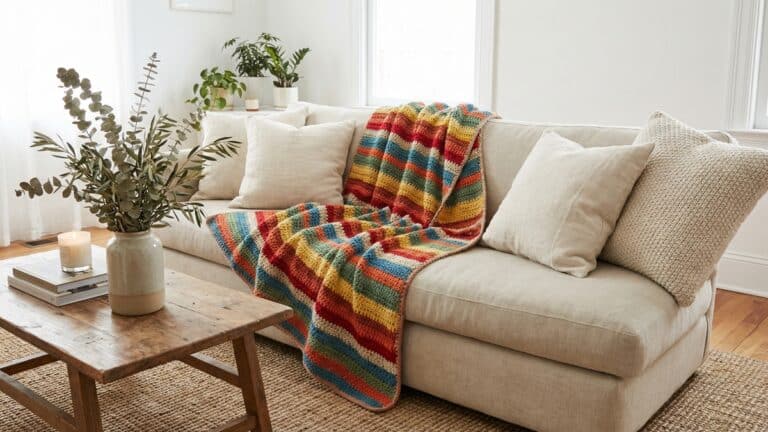 Sala de estar com manta de croche arco-iris vibrante sobre sofa neutro criando contraste alegre com decoracao suave