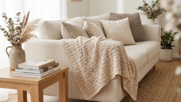 Sala de estar aconchegante com manta de croche bege artesanal sobre sofa de linho claro, almofadas neutras e decoracao natural