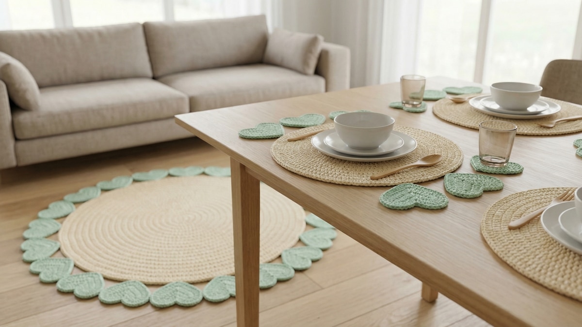Sousplats e tapetes de crochê com borda de coração para decorar!
