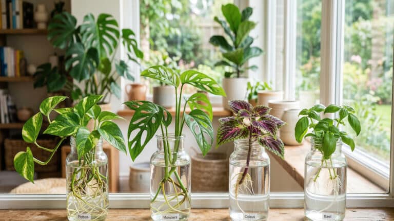 Mudas de plantas em jarros com água