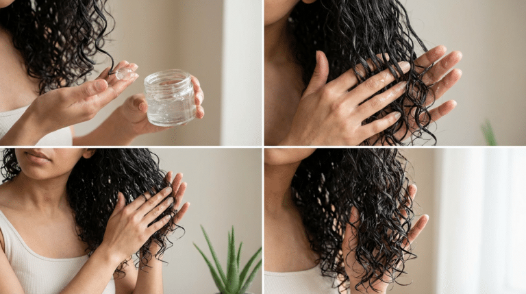 Mulher passando babosa no cabelo