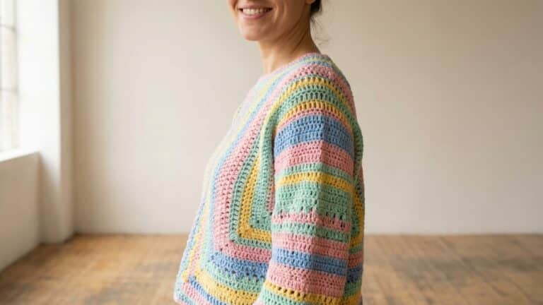 Mulher sorrindo usando blusa de croche artesanal em cores divertidas em ambiente minimalista de moda
