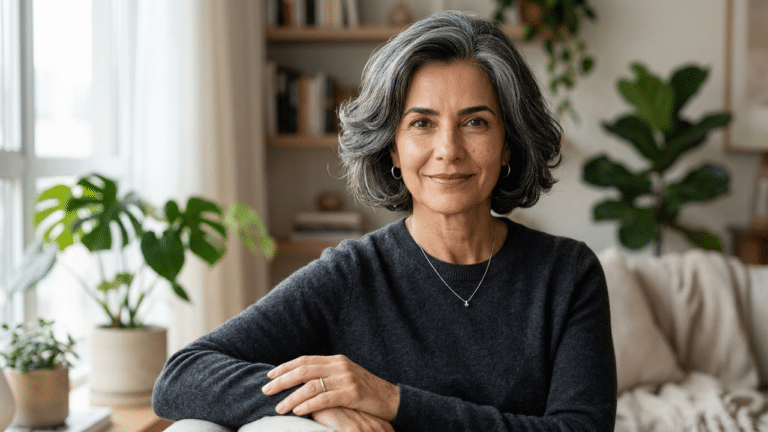 Mulher grisalha com cabelo escurecido com produtos naturais