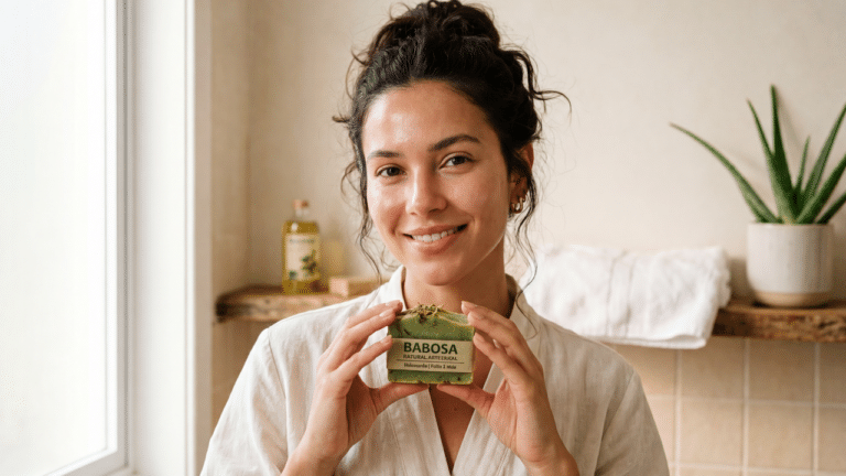 Mulher com pele limpa após a rotina de skincare natural. 