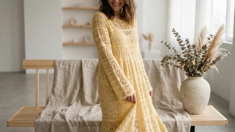 Mulher em estudio de moda usando vestido de croche amarelo com trama rendada e decoracao minimalista ao fundo
