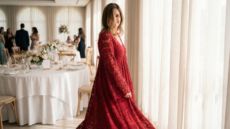 Mulher vestindo vestido longo de croche vermelho em ambiente sofisticado proximo a janela com luz natural
